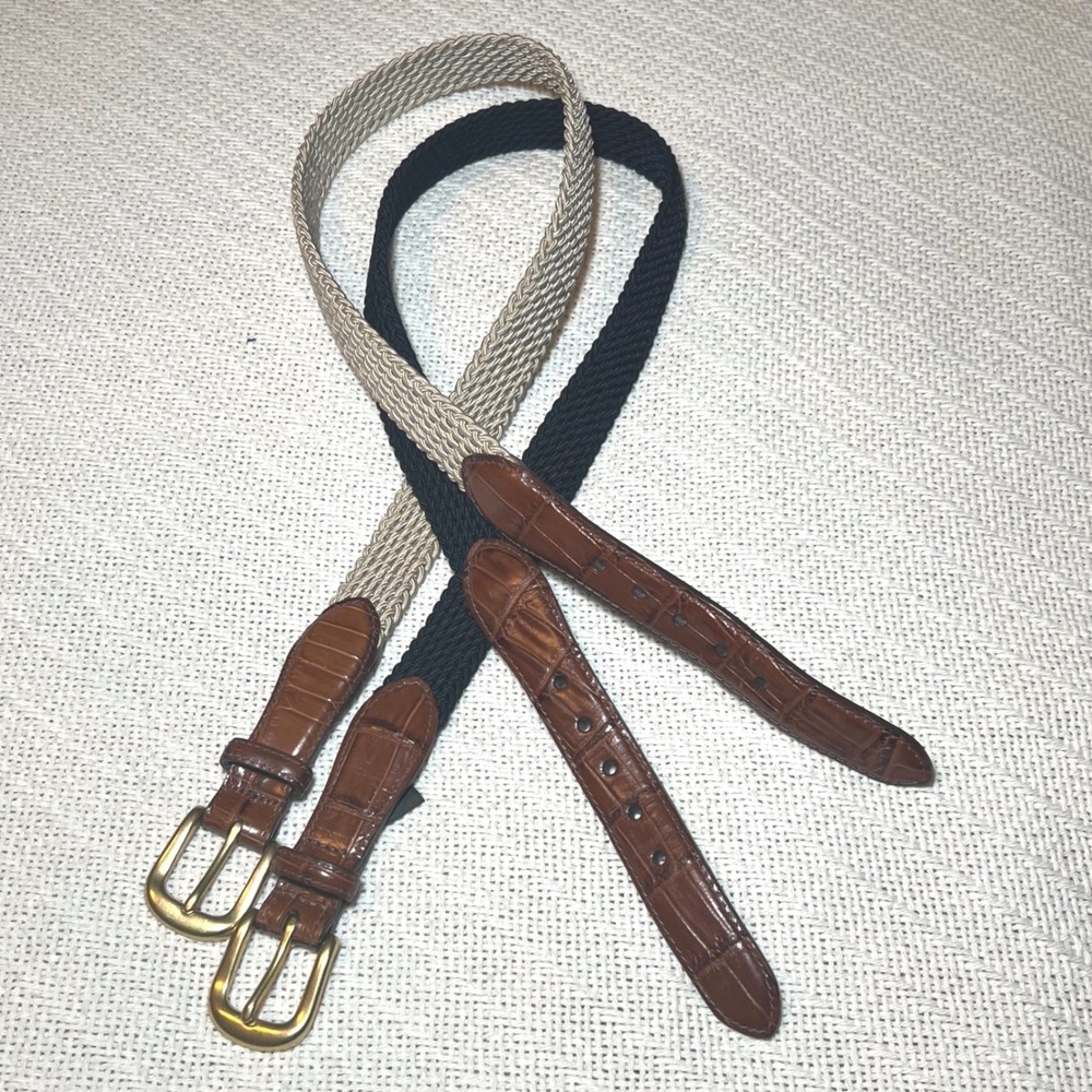 Brighton Mens Braided Stretch Belt Lot 2 Black Khaki Leather Brass Size 34
